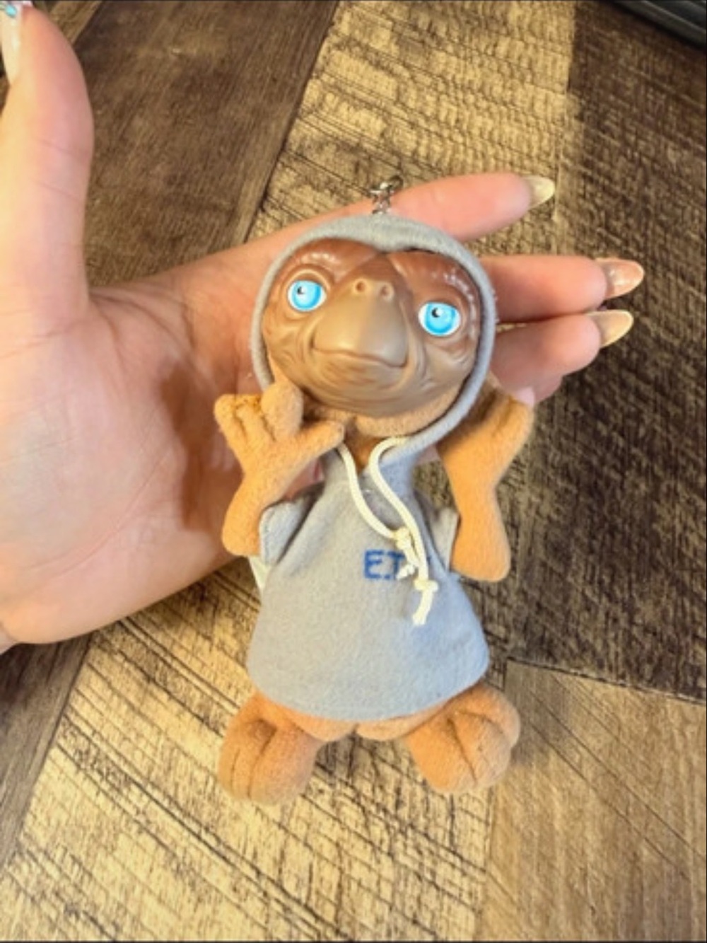 ET Plush Keychain in Brown with Gray Hoodie and Bright Blue Eyes